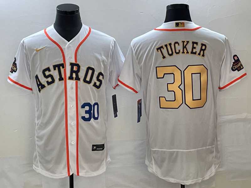 Mens Houston Astros #30 Kyle Tucker Number 2023 White Gold World Serise Champions Patch Flex Base Stitched Jersey